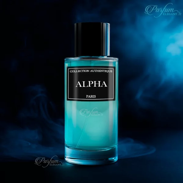 Parfum Alpha de la Collection Privée L’Authentique présenté avec son étui chic ; fragrance boisée aromatique pour homme, moderne et confiante.
