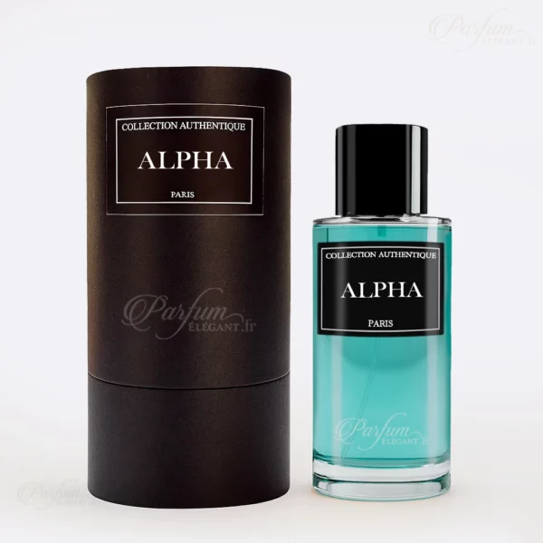 Flacon de parfum Alpha Collection Privée L’Authentique, Eau de Parfum homme 50 ml aromatique boisé, symbole de masculinité élégante.