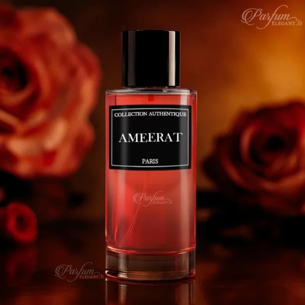 Parfum AMEERAT de la Collection Privée L’Authentique, présenté avec son étui noir raffiné ; fragrance sucrée, musquée et florale pour femme.