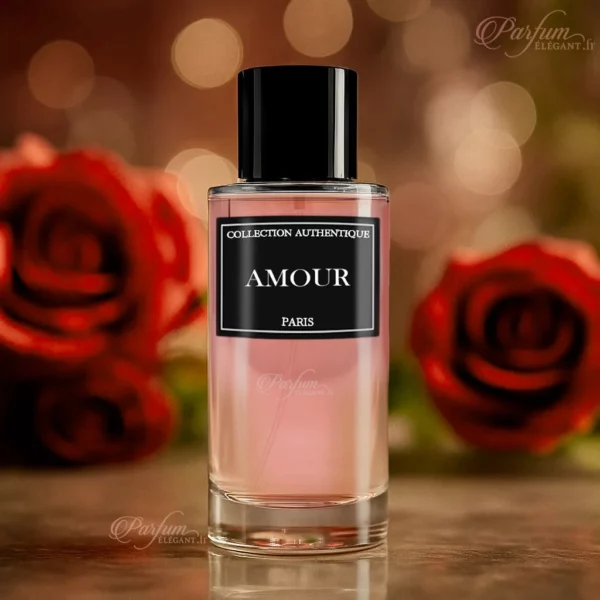 Parfum AMOUR de la Collection Privée L’Authentique présenté avec son étui noir élégant ; fragrance florale fruitée pour femme, douce et raffinée.