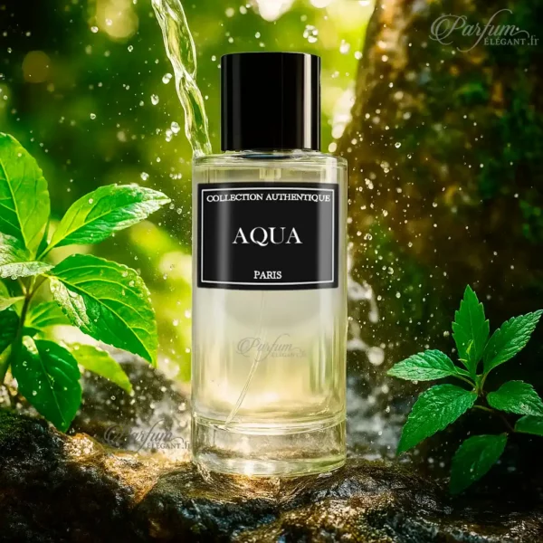 Parfum AQUA de la Collection Privée L’Authentique présenté avec son étui noir, fragrance aquatique et boisée pour homme, fraîche et raffinée.