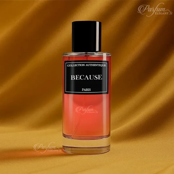 Parfum BECAUSE de la Collection Privée L’Authentique, présenté avec son étui chic ; fragrance fruitée et florale aux accents doux et modernes.