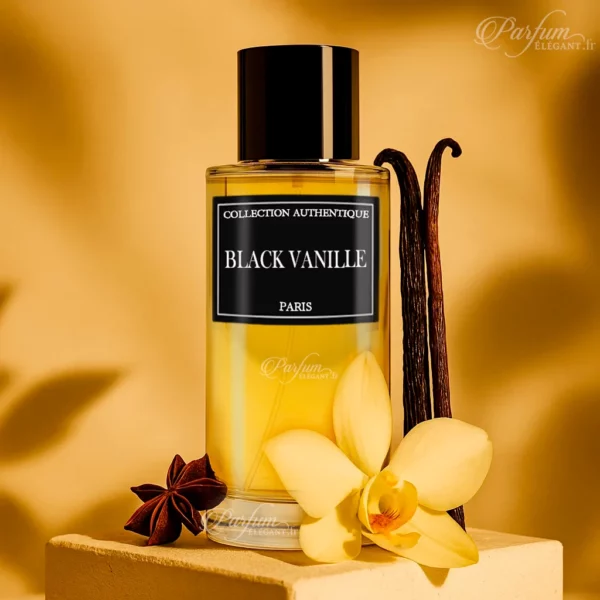 Parfum BLACK VANILLE de la Collection Privée L’Authentique présenté avec son étui raffiné ; fragrance florale, musquée et gourmande.