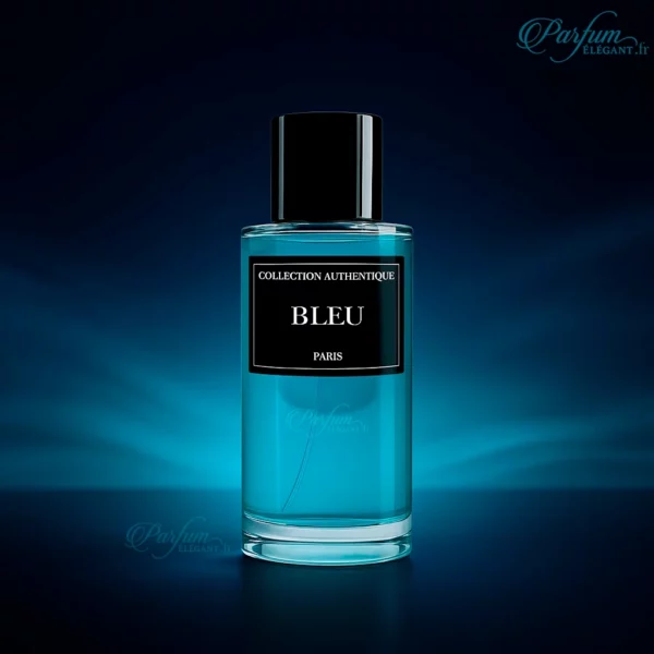 Parfum BLEU de la Collection Privée L’Authentique présenté avec son étui noir élégant ; fragrance aromatique marine et boisée pour homme.