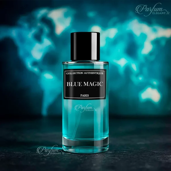 Parfum Blue Magic Collection Privée L’Authentique présenté dans un flacon bleu – fragrance mixte sucrée, florale et boisée.