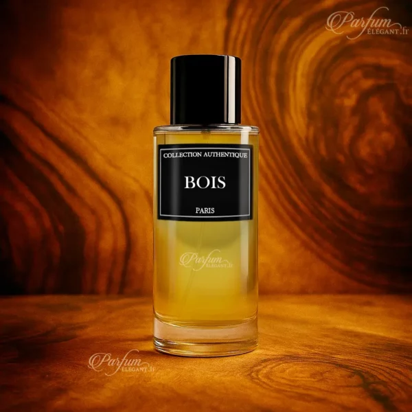Parfum BOIS de la Collection Privée L’Authentique présenté avec son étui chic ; fragrance boisée, orientée mixte et intemporelle.