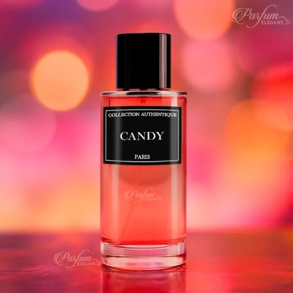 Parfum CANDY de la Collection Privée L’Authentique présenté avec son étui élégant ; fragrance féminine, sucrée et lumineuse.