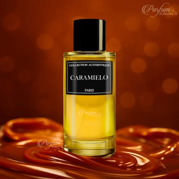 Parfum Carameilo de la Collection Privée L’Authentique présenté dans un flacon doré ; fragrance mixte chaude et épicée au santal et au patchouli.