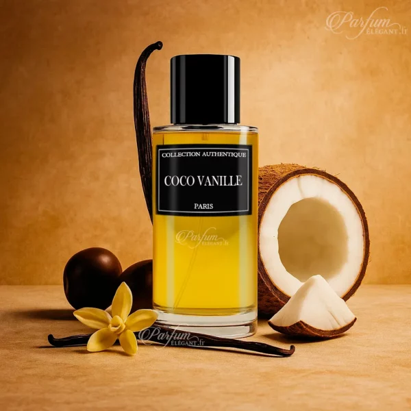 Parfum COCO VANILLE de la Collection Privée L’Authentique présenté avec son étui élégant ; fragrance gourmande, exotique et lumineuse.