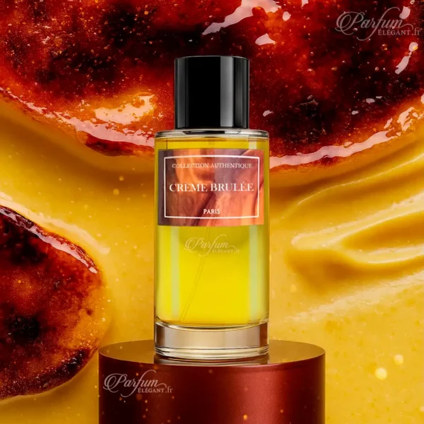 Parfum Crème Brûlée de la Collection Privée L’Authentique dans un flacon ambré ; fragrance sucrée et apaisante, adaptée à tous.