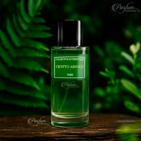 Parfum Crypto Absolu de la Collection Privée L’Authentique présenté avec son étui élégant ; fragrance mixte gourmande-boisée, haut de gamme et contemporaine.