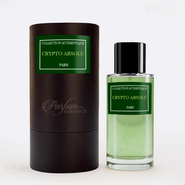 Flacon de parfum Crypto Absolu Collection Privée L’Authentique, Eau de Parfum mixte 50 ml aux accords de caramel toffee, tonka, amande pralinée et bois blancs — gourmand et luxueux.