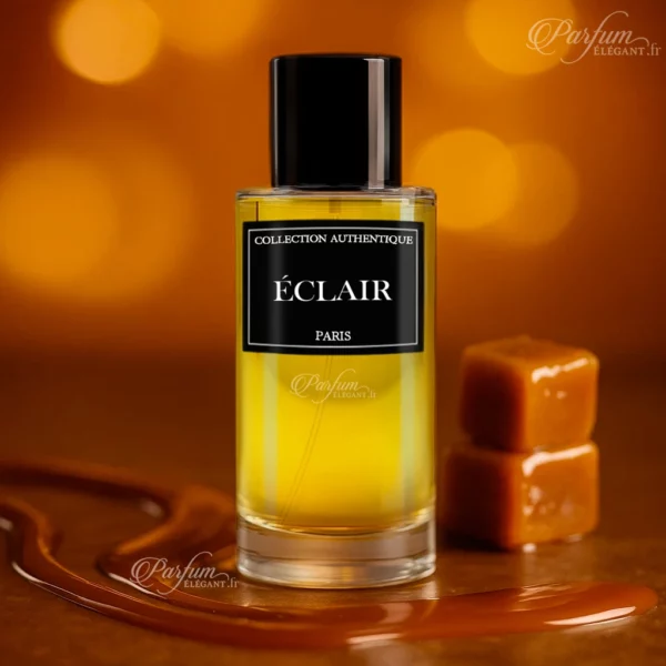 Parfum ÉCLAIR de la Collection Privée L’Authentique, présenté avec son étui élégant ; fragrance vanillée et florale aux accents de caramel doux.