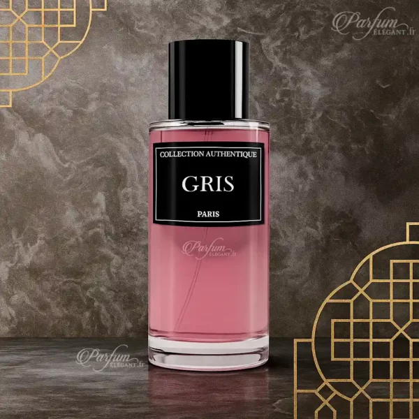 Parfum GRIS de la Collection Privée L’Authentique présenté avec son étui élégant ; fragrance chic et sophistiquée pour homme & femme.