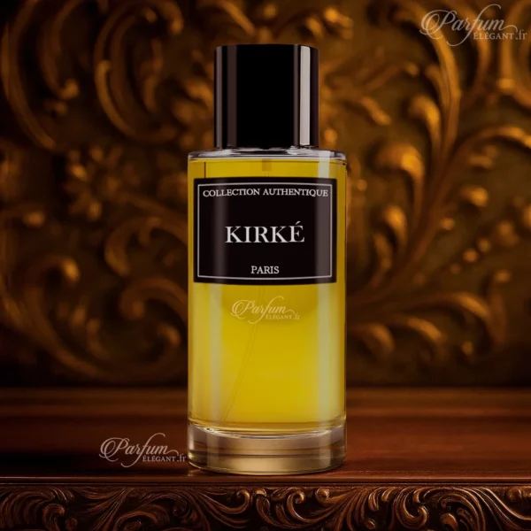 Parfum Kirké de la Collection Privée L’Authentique présenté avec son flacon doré élégant ; fragrance mixte fruitée et orientale.