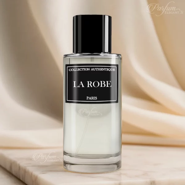 Parfum LA ROBE de la Collection Privée L’Authentique présenté avec son étui élégant ; fragrance féminine gourmande, cerise et amande.