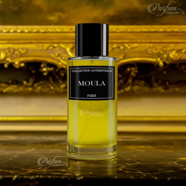 Parfum Moula de la Collection Privée L’Authentique présenté avec son étui élégant ; fragrance mixte, fruitée-caramel et contemporaine.