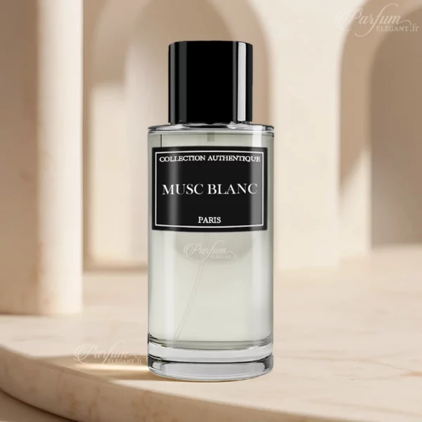Parfum Musc Blanc de la Collection Privée L’Authentique présenté avec son flacon minimaliste ; fragrance mixte douce, propre et sensuelle.