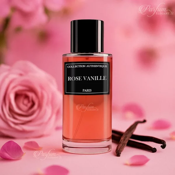 Parfum ROSE VANILLE de la Collection Privée L’Authentique présenté avec son étui élégant ; fragrance mixte, douce et distinctive.