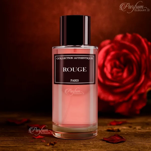 Parfum ROUGE de la Collection Privée L’Authentique présenté avec son étui chic ; fragrance mixte, moderne et raffinée.