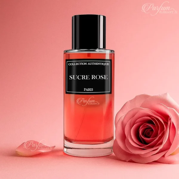 Parfum Sucre Rose de la Collection Privée L’Authentique présenté dans un flacon rose tendre ; fragrance sucrée, florale et musquée.
