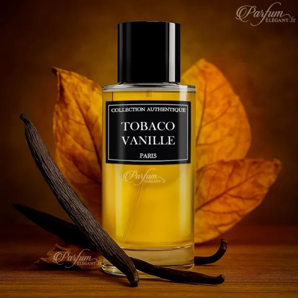 Parfum Tobacco Vanille de la Collection Privée L’Authentique présenté avec son flacon élégant ; fragrance unisexe, boisée, ambrée et sensuelle.