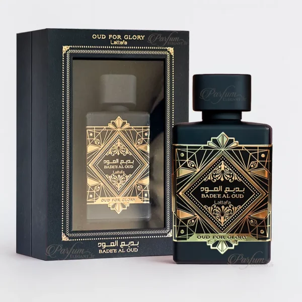 Flacon noir et doré du parfum oriental intense Badee Al Oud Oud for Glory 100 ml de Lattafa