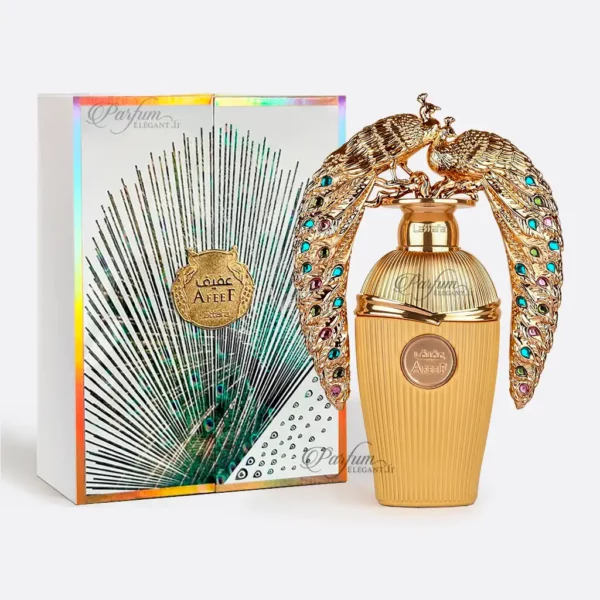 Flacon doré Afeef 100 ml – parfum oriental mixte avec paons incrustés