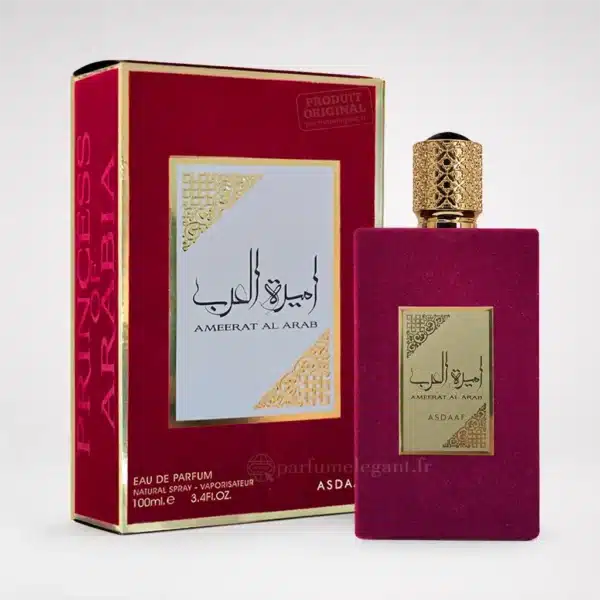 Parfums Femme Dubaï, Orientaux & Gourmands – Longue Tenue et Élégance 337 Flacon et boîte du parfum Ameerat Al Arab Asdaaf Eau de Parfum 100 ml pour femme, parfum oriental floral aux notes de basilic, cardamome, lavande, safran et jasmin.