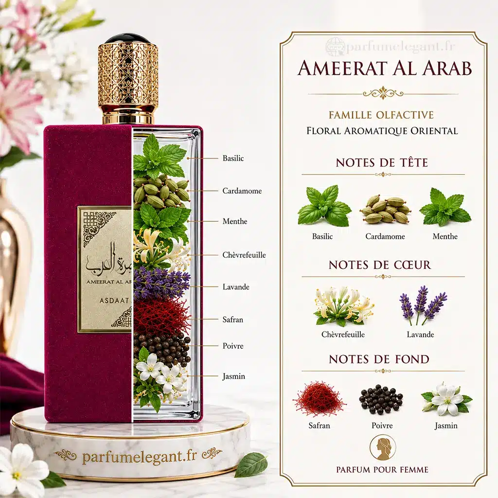 Ameerat Al Arab – Parfum oriental envoûtant pour femme 100 ml 2 Ameerat Al Arab Asdaaf Eau de Parfum 100 ml pour femme avec ses notes olfactives : basilic, cardamome, menthe, chèvrefeuille, lavande, safran, poivre et jasmin. Famille olfactive florale aromatique orientale.