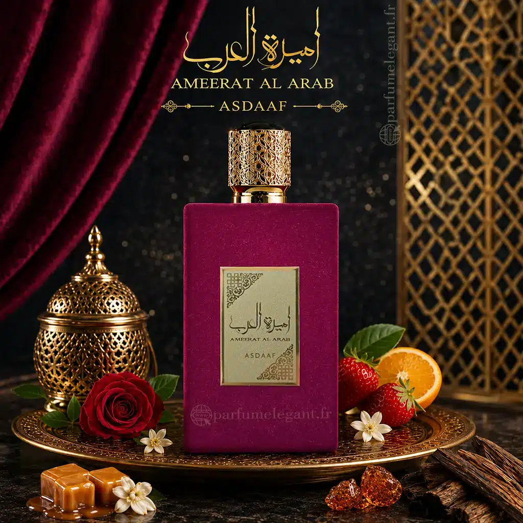 Ameerat Al Arab – Parfum oriental envoûtant pour femme 100 ml 4 Ameerat Al Arab Asdaaf Eau de Parfum 100 ml dans une ambiance orientale luxueuse avec rose, agrumes, bois ambrés et caramel, parfum femme floral aromatique oriental.