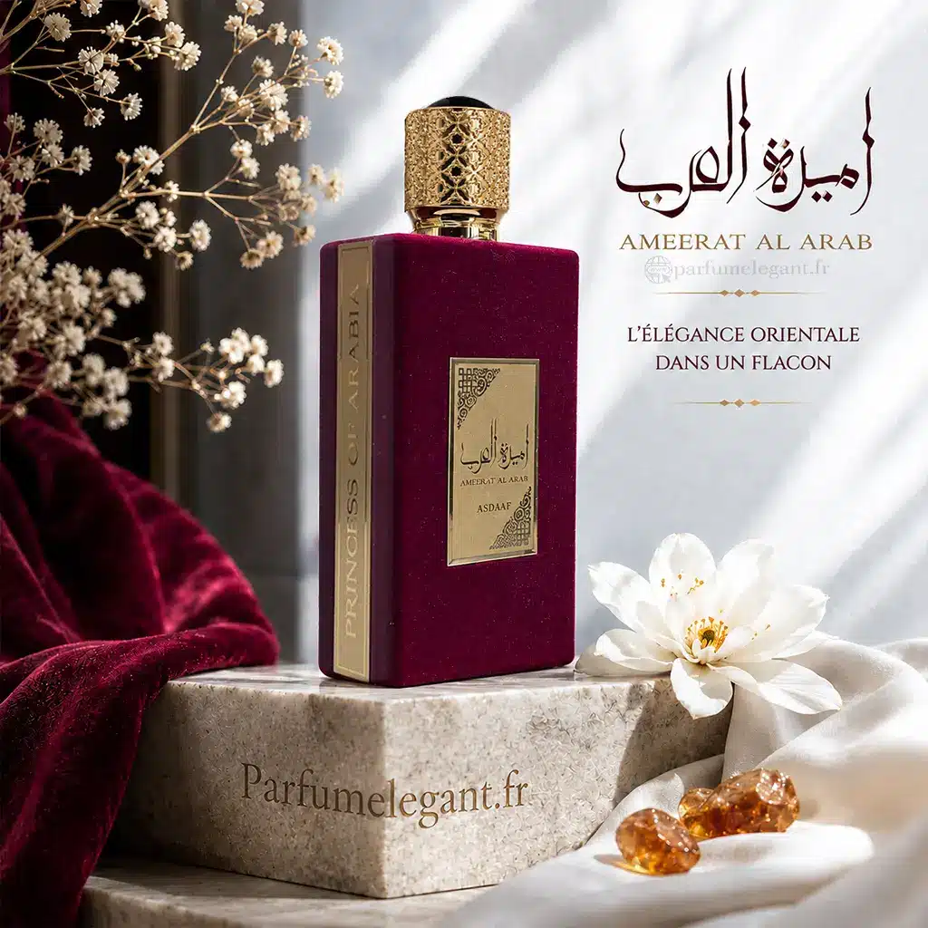 Ameerat Al Arab – Parfum oriental envoûtant pour femme 100 ml 3 Flacon Ameerat Al Arab Asdaaf présenté dans un décor élégant, Eau de Parfum femme aux accords floraux, aromatiques et orientaux avec une excellente tenue.