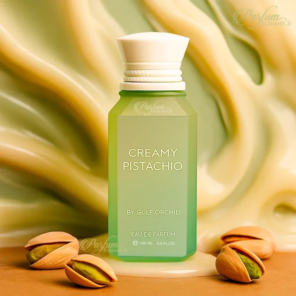 Flacon Creamy Pistachio sur fond clair – parfum gourmand et musqué