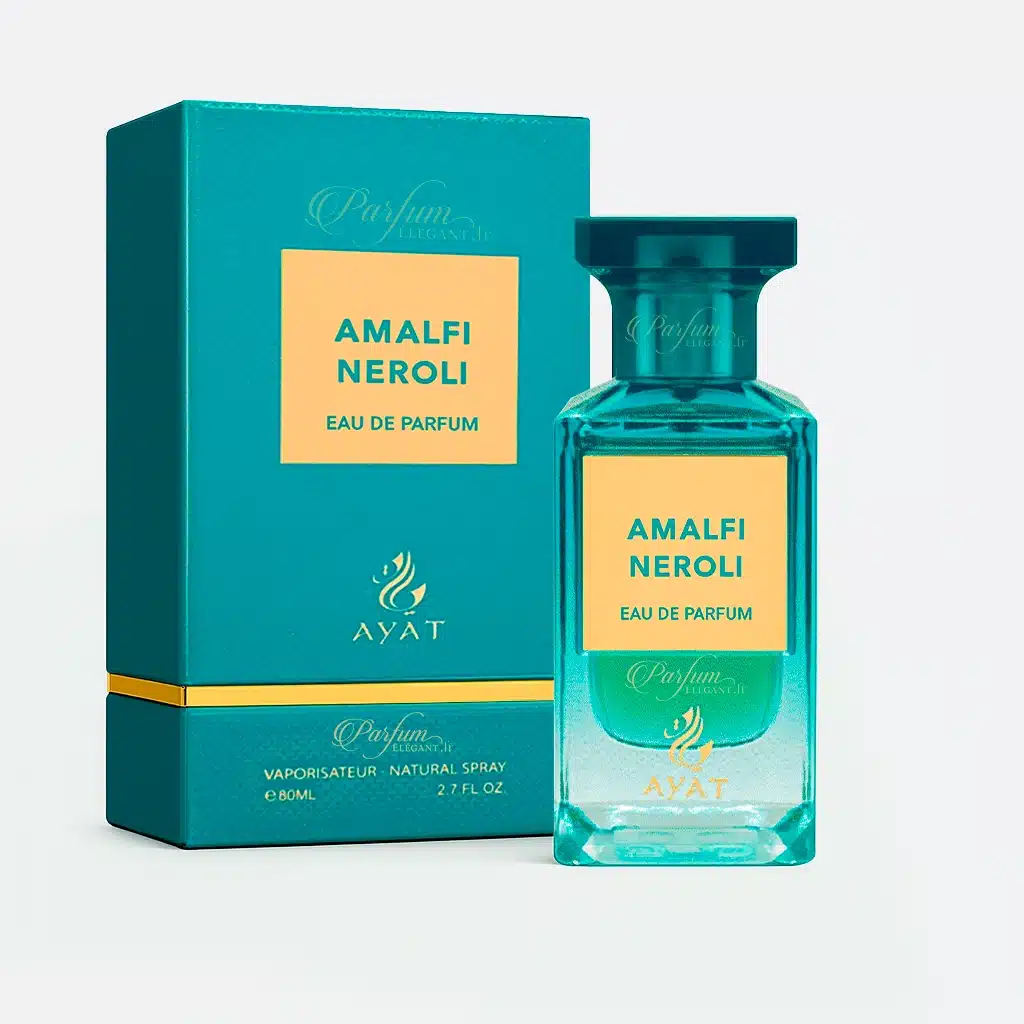 Amalfi Neroli – Eau de Parfum mixte fraîche et hespéridée 80 ml 1 Visuel du parfum Amalfi Neroli Ayat 80 ml – flacon turquoise