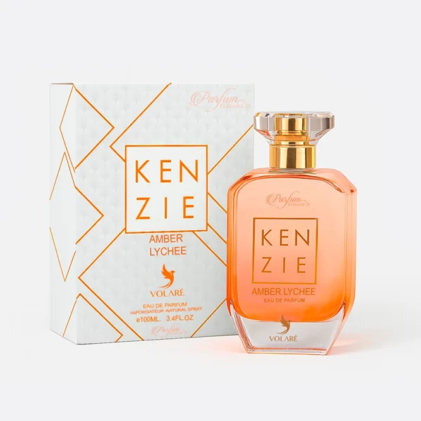 Parfum Kenzie Amber Lychee – flacon orange 100 ml et boîte blanche graphique