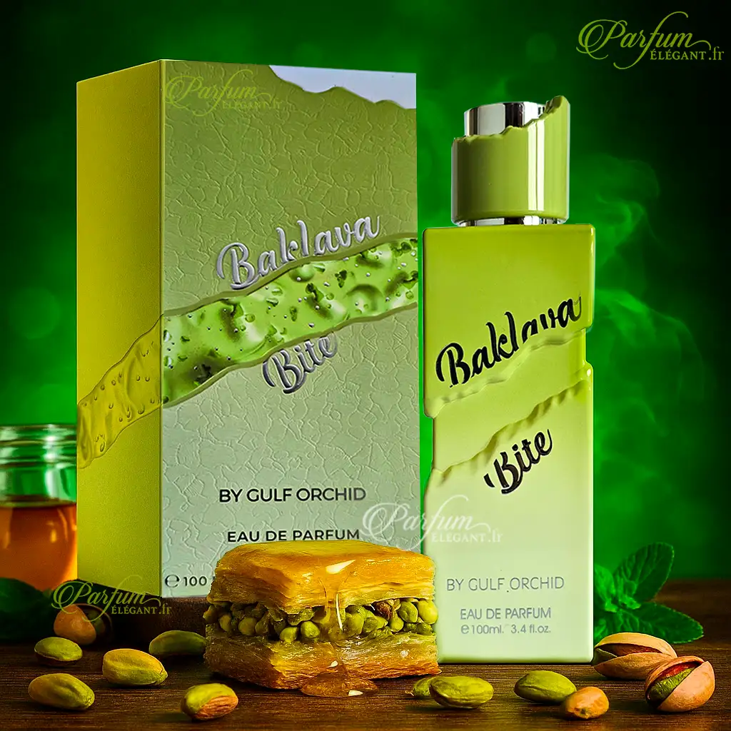 Baklava Bite – Parfum gourmand pistache & caramel réconfortant 100 ml 3 Flacon parfum orient oriental Baklava Bite avec packaging doré
