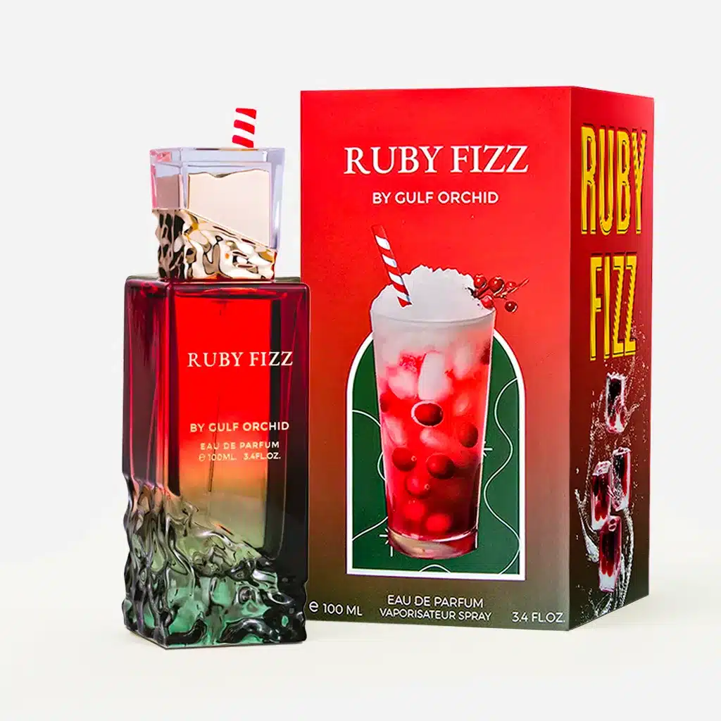 Ruby Fizz – Parfum fruits rouges pétillant mixte 100 ml 1 Parfum Ruby Fizz Gulf Orchid 100 ml avec boîte rouge et visuel cocktail