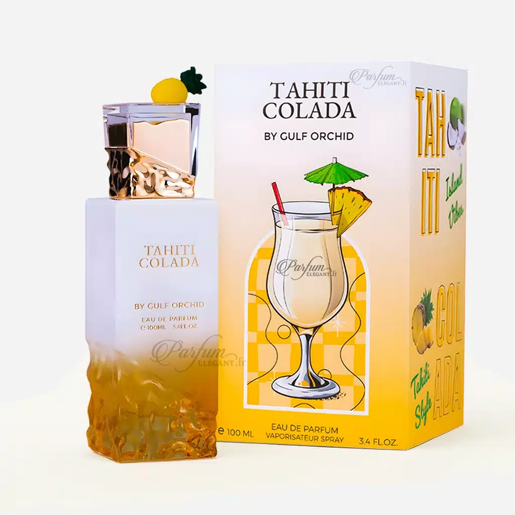 Tahiti Colada – Parfum coco ananas tropical mixte 100 ml 1 Parfum Tahiti Colada 100 ml avec boîte jaune illustrée d’un verre de colada