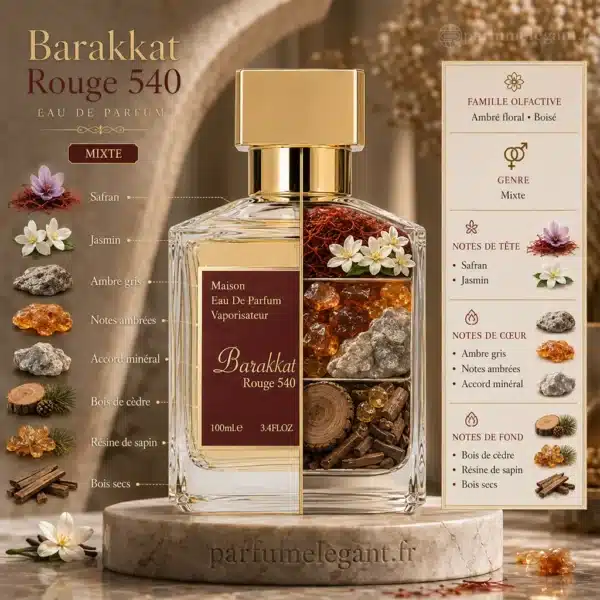 Notes olfactives Barakkat Rouge 540 Notes Barakkat Rouge 540 safran jasmin ambre gris cèdre résine de sapin et bois secs