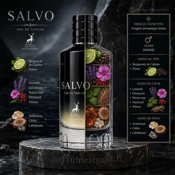 Notes olfactives Salvo Maison Alhambra Notes Salvo Maison Alhambra bergamote lavande poivre ambroxan cèdre et patchouli