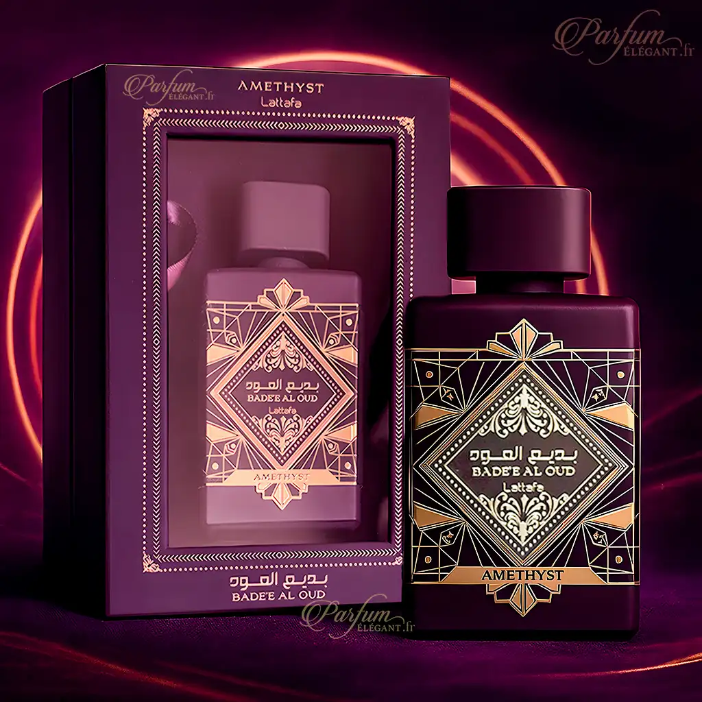 Badee Al Oud Amethyst – Parfum ambré oriental 100 ml signé Lattafa 3 Vue du coffret élégant du parfum Amethyst de Lattafa, parfum intense mixte