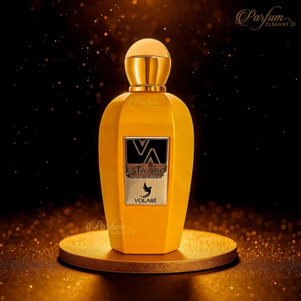 Flacon doré du parfum Esta Oro avec boîte assortie