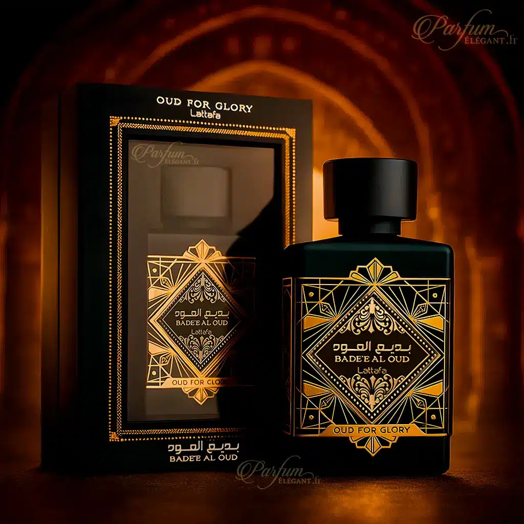 Badee Al Oud – Parfum oriental intense mixte 100 ml 3 Vue rapprochée du flacon design Bade’e Al Oud Oud for Glory 100 ml – parfum oriental puissant