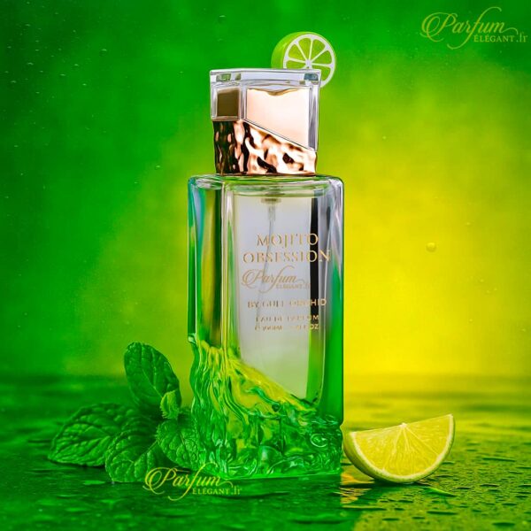 Parfum Mojito Obsession sur fond vert citron, ambiance cocktail frais