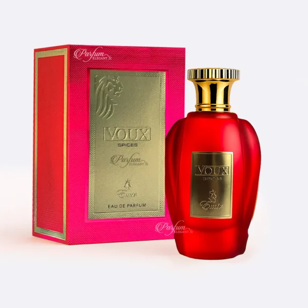 Flacon de parfum Voux Spices 100 ml avec boîte dorée sur fond rouge épicé