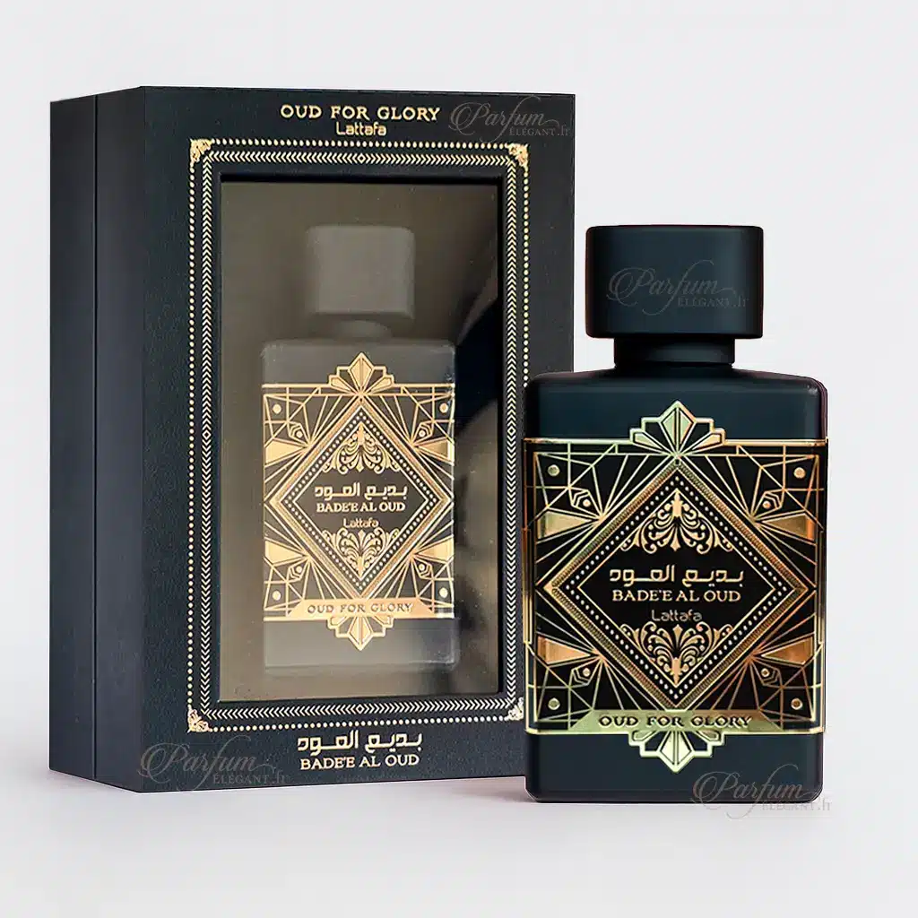 Badee Al Oud – Parfum oriental intense mixte 100 ml 1 Flacon noir et doré du parfum oriental intense Badee Al Oud Oud for Glory 100 ml de Lattafa