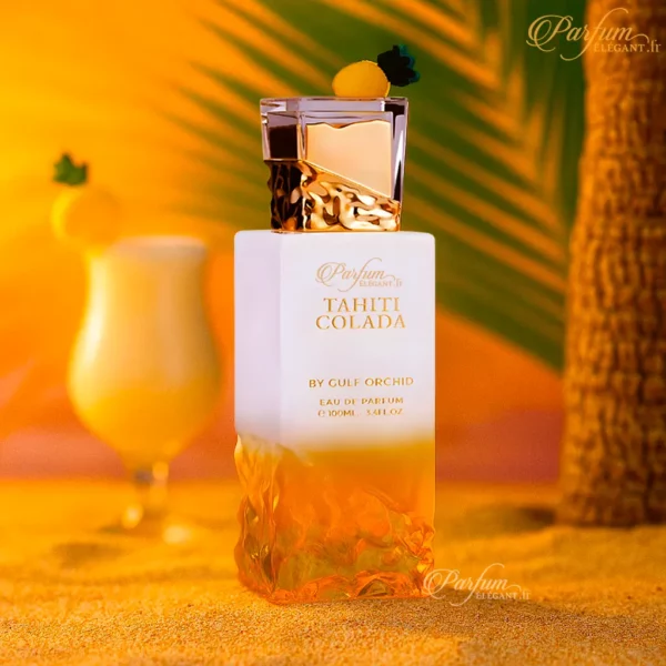 Flacon Gulf Orchid Tahiti Colada posé sur fond clair, ambiance tropicale