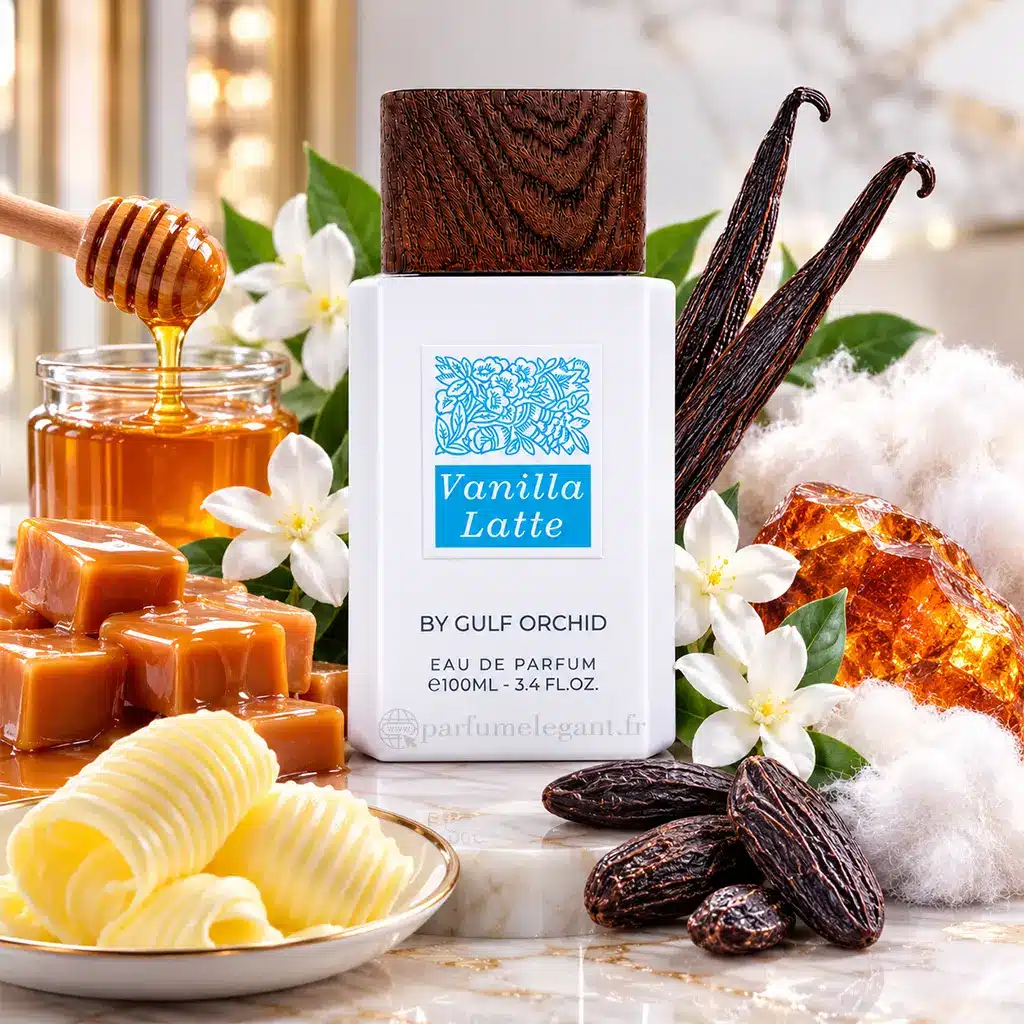 Vanilla Latte – Gulf Orchid Eau de Parfum 100 ml | Parfum Gourmand Vanillé Mixte 3 Présentation du flacon Vanilla Latte Gulf Orchid Eau de Parfum 100 ml tenu à la main, parfum gourmand vanillé mixte