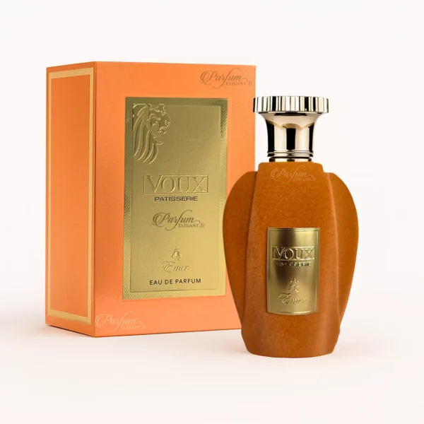 Flacon Voux Pâtisserie 100 ml posé sur fond doré avec son coffret – Parfum gourmand à la vanille