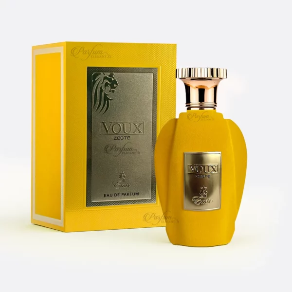 Flacon jaune Voux Zeste 100 ml posé devant son coffret – Parfum oriental vanillé citronné
